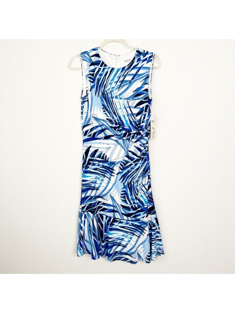 Eliza J Womens 8 Blue Palm Print Tropical Sleeveless Ruched Ruffle Shift Dress